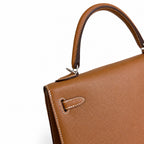 Golden Brown, Gold and Silver buckles, Kelly 25, imported Epsom — Polished Structured Handbag