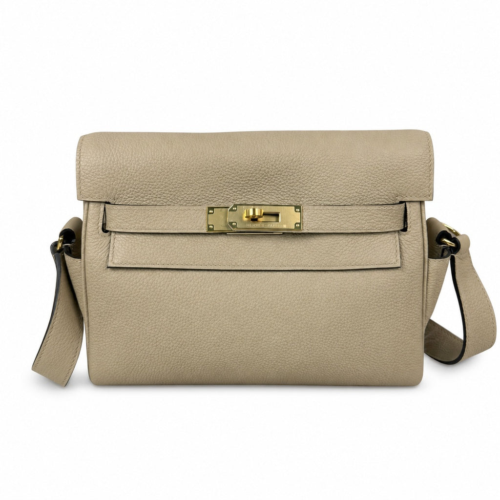 Kelly messenger messenger bag for men and women, gray Gold Buckle for windbreaker, imported leather, all-steel hand-waxed thread, the highest — Elegant Structured Carry Style