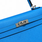 Kelly 25cm in Blue Epsom Leather with Silver Buckle Handmade — Timeless Top-Handle Design