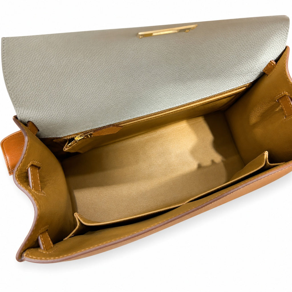 Kelly 28cm Epsom Leather S2 Trench Windbreaker Gray and 37 Gold Golden Brown Top Handmade — Polished Structured Handbag