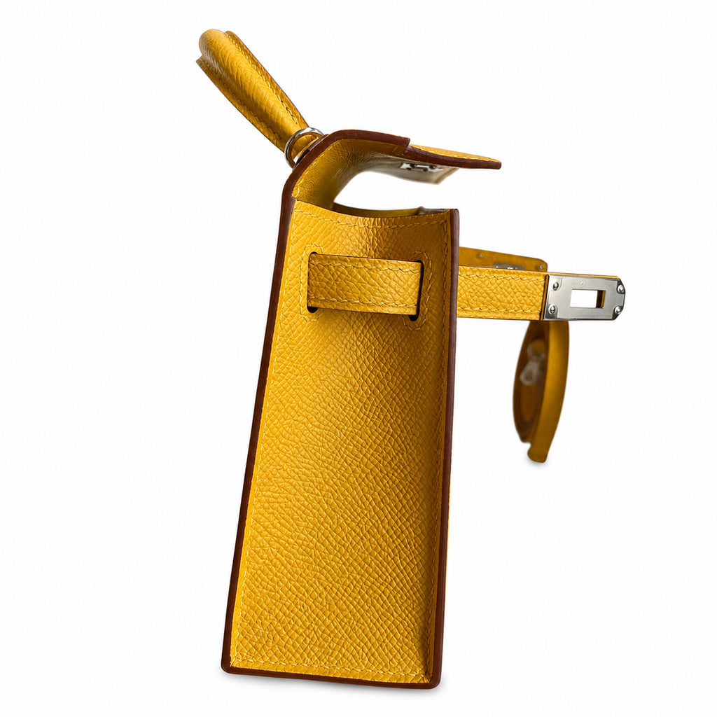 handmade Mini Kelly II 19cm imported Epsom Leather amber yellow Silver Buckle — Elegant Compact Carry Style