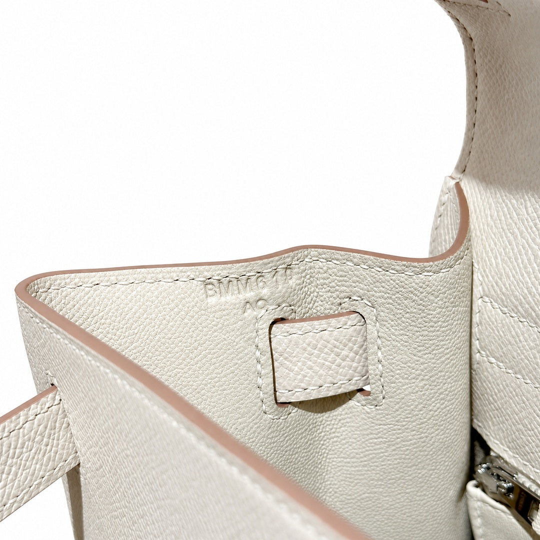 Kelly 28cm in Milkshake White Epsom Leather with Silver Buckle Handmade — Versatile Structured Bag