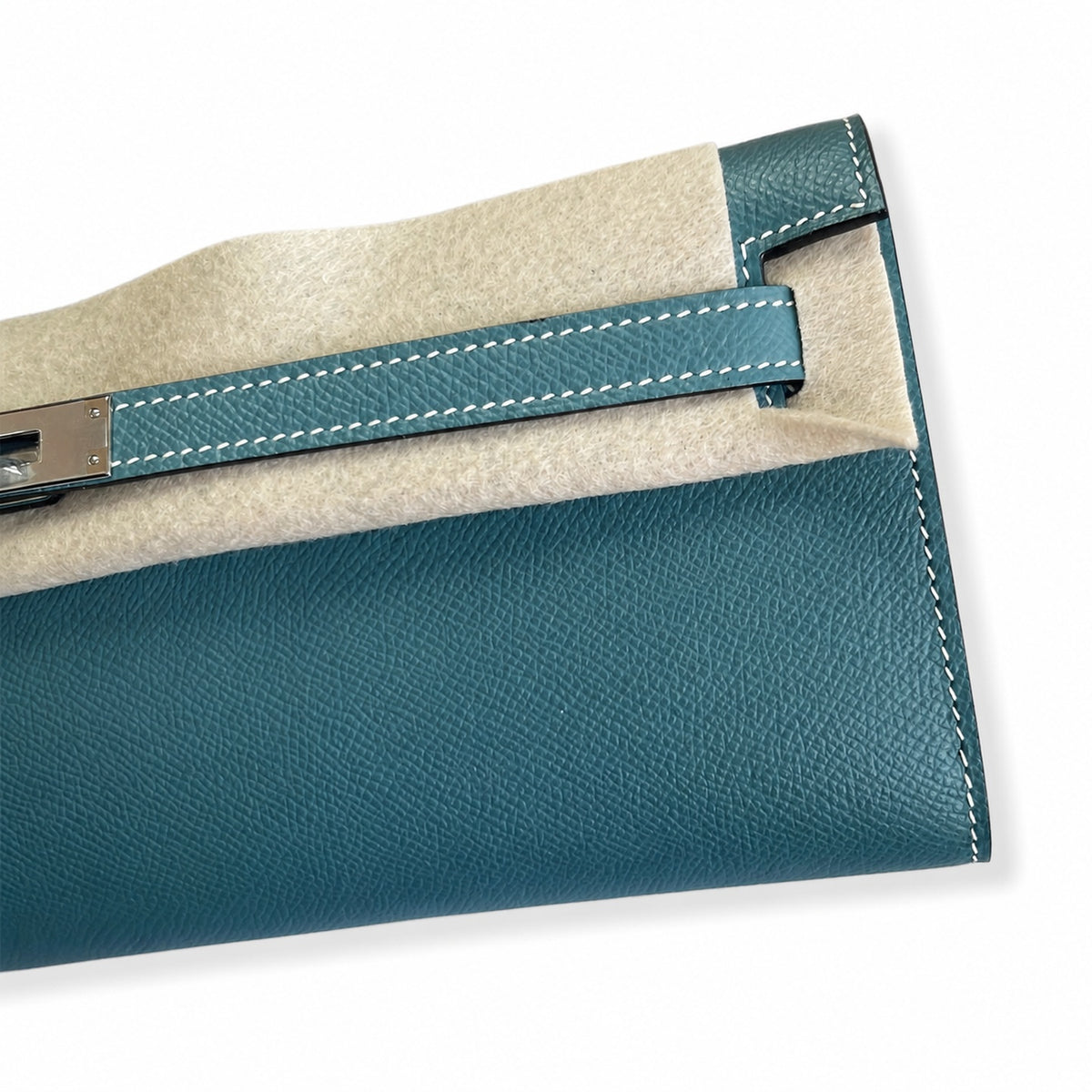 Polished Compact Clutch: Kelly Cut 31 Clutch Epsom Leather Denim Blue