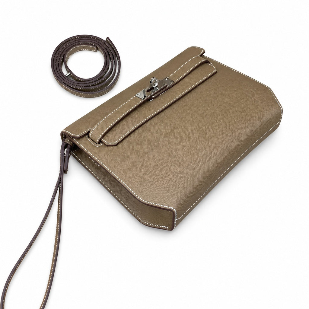 Kelly Depeches 25cm Epsom Leather, 18 Elephant Gray, Silver Buckle — Structured Hand-Carry Clutch