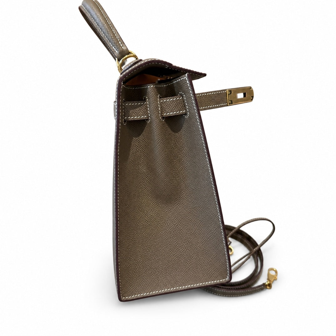 Kelly 28cm in Elephant Gray Epsom Leather with Gold Buckle Handmade — Streamlined Top-Handle Handbag