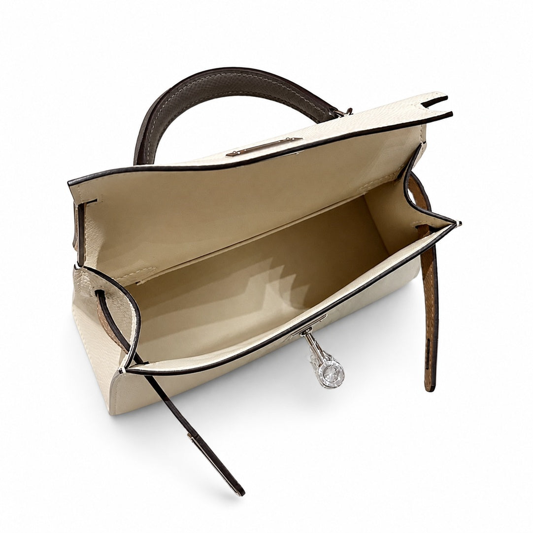Mini Kelly II 19cm in Nata & Chai & Gris Meyer Epsom Leather with Silver Buckle — Versatile Mini Carry Design