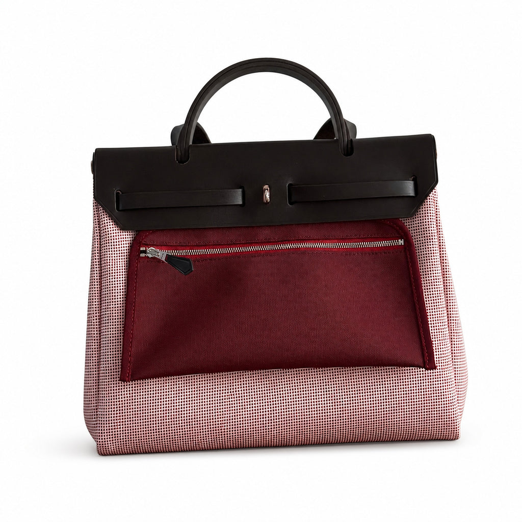 Elegant Canvas-and-Leather Hand-Carry Bag: Herbag 31cm Saddle-Inspired Canvas Body with Leather Handle and Shoulder Strap