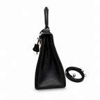 Kelly 25cm in Black Togo Leather with Silver Buckle Handmade — Streamlined Top-Handle Handbag