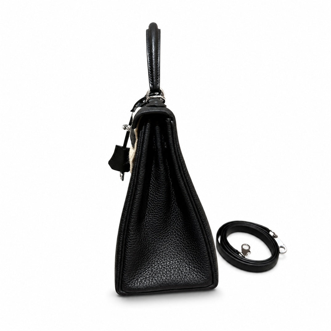 Kelly 25cm in Black Togo Leather with Silver Buckle Handmade — Streamlined Top-Handle Handbag
