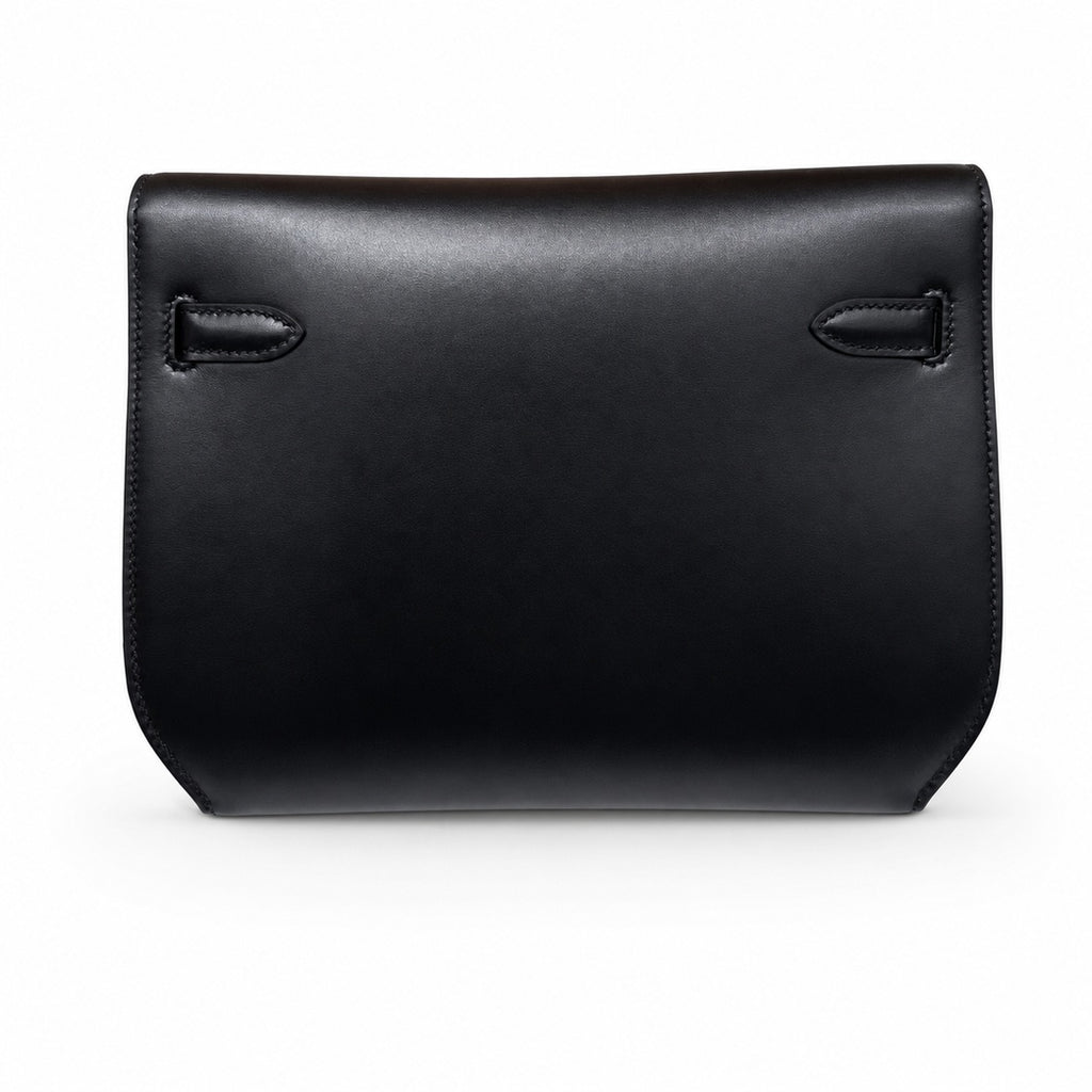 Kelly Depeches25 Black Silver Box Leather — Structured Hand-Carry Clutch