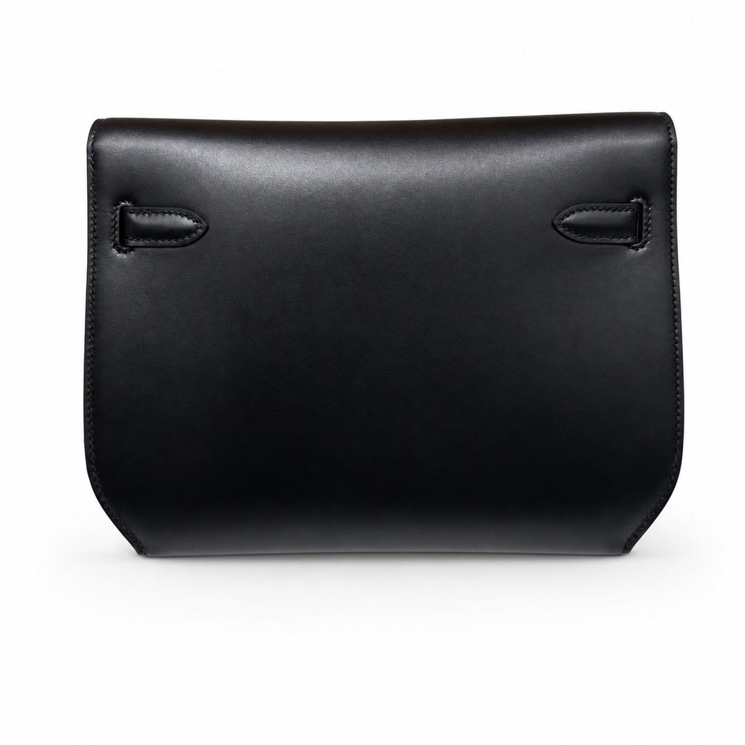 Kelly Depeches25 Black Silver Box Leather — Structured Hand-Carry Clutch