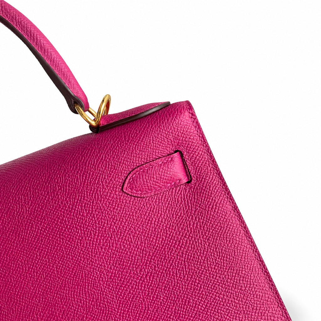 Kelly 28 L3 Rose Purple Epsom Gold Buckle, handmade with wax thread — Streamlined Top-Handle Handbag