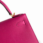 Kelly 28 L3 Rose Purple Epsom Gold Buckle, handmade with wax thread — Streamlined Top-Handle Handbag