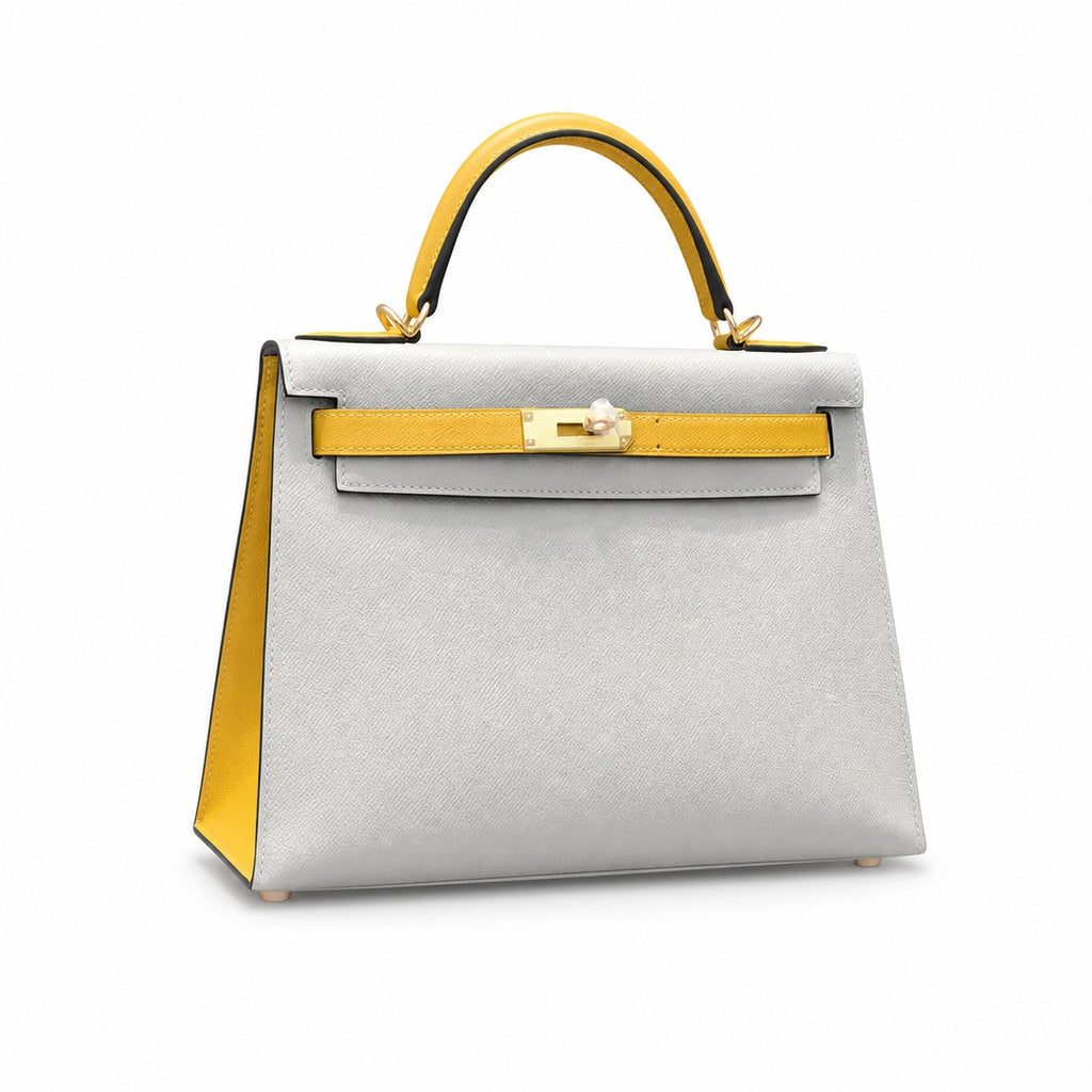 Kelly 28cm Epsom Leather S2 Trench Windbreaker Gray and 9D Jaune Amber Top Handmade — Versatile Structured Bag