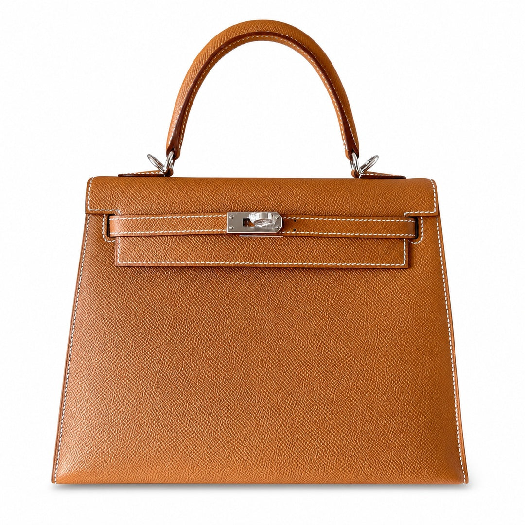 Kelly 25cm in Golden Brown Epsom Leather with Silver Buckle Handmade — Classic Hand-Carry Silhouette
