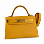 handmade Mini Kelly II 19cm imported Epsom Leather amber yellow Gold Buckle — Distinctive Petite Bag