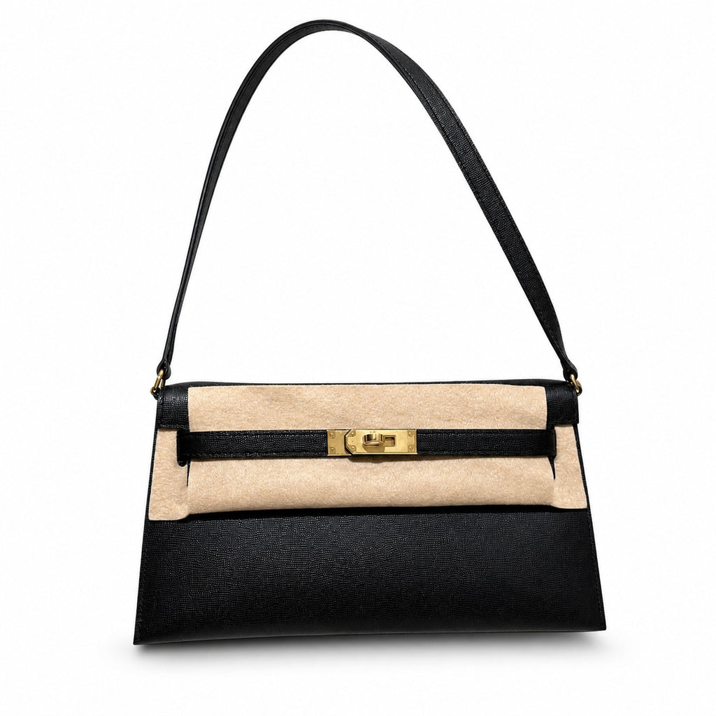 Kelly Elan 25 Underarm Baguette Bag in Black with Gold Buckle — Streamlined Elan Carry Design
