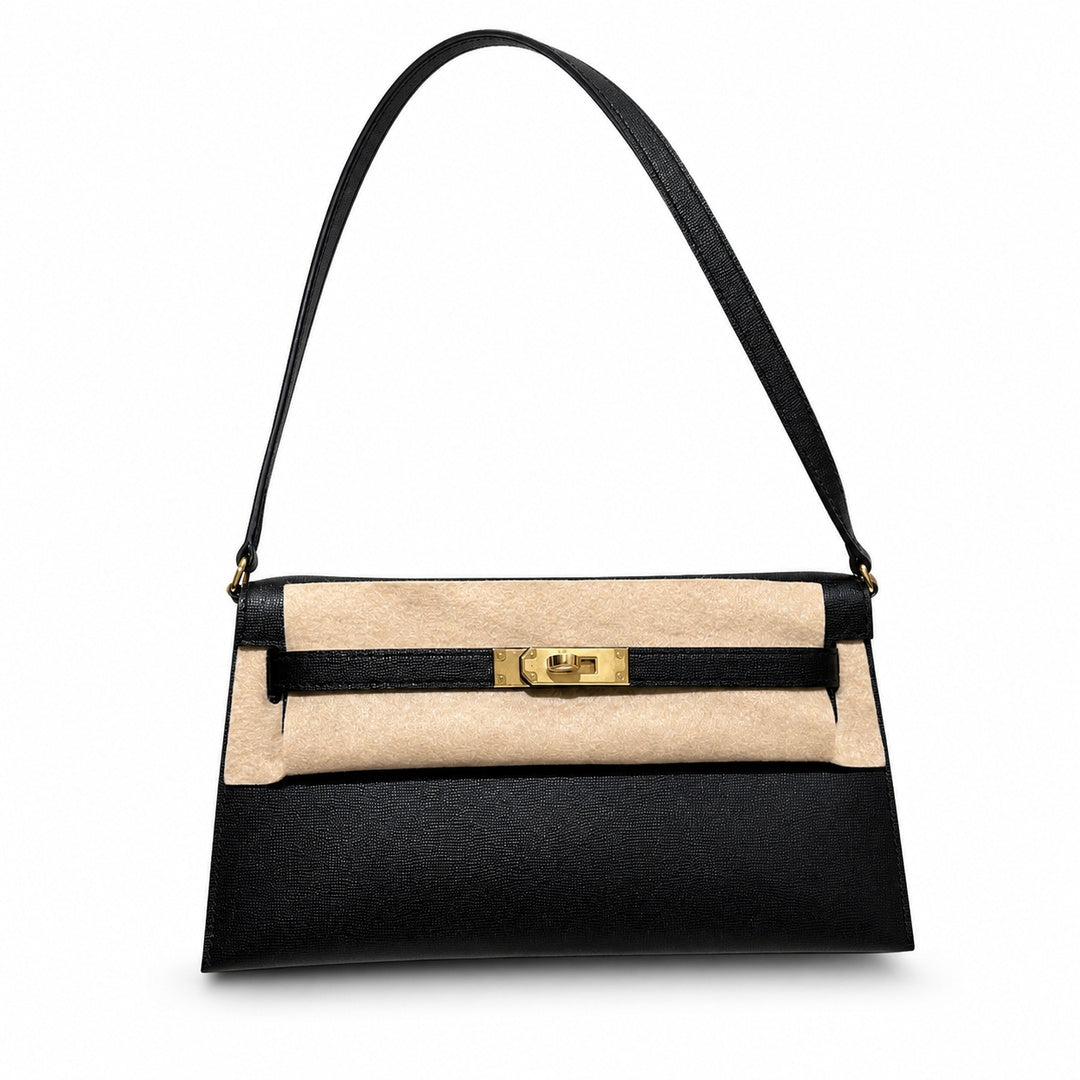 Kelly Elan 25 Underarm Baguette Bag in Black with Gold Buckle — Streamlined Elan Carry Design