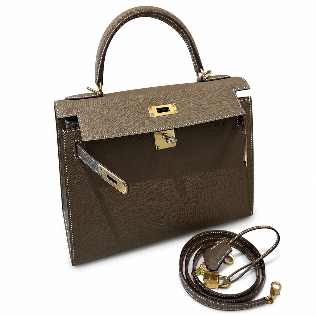 Kelly 28cm in Elephant Gray Epsom Leather with Gold Buckle Handmade — Streamlined Top-Handle Handbag