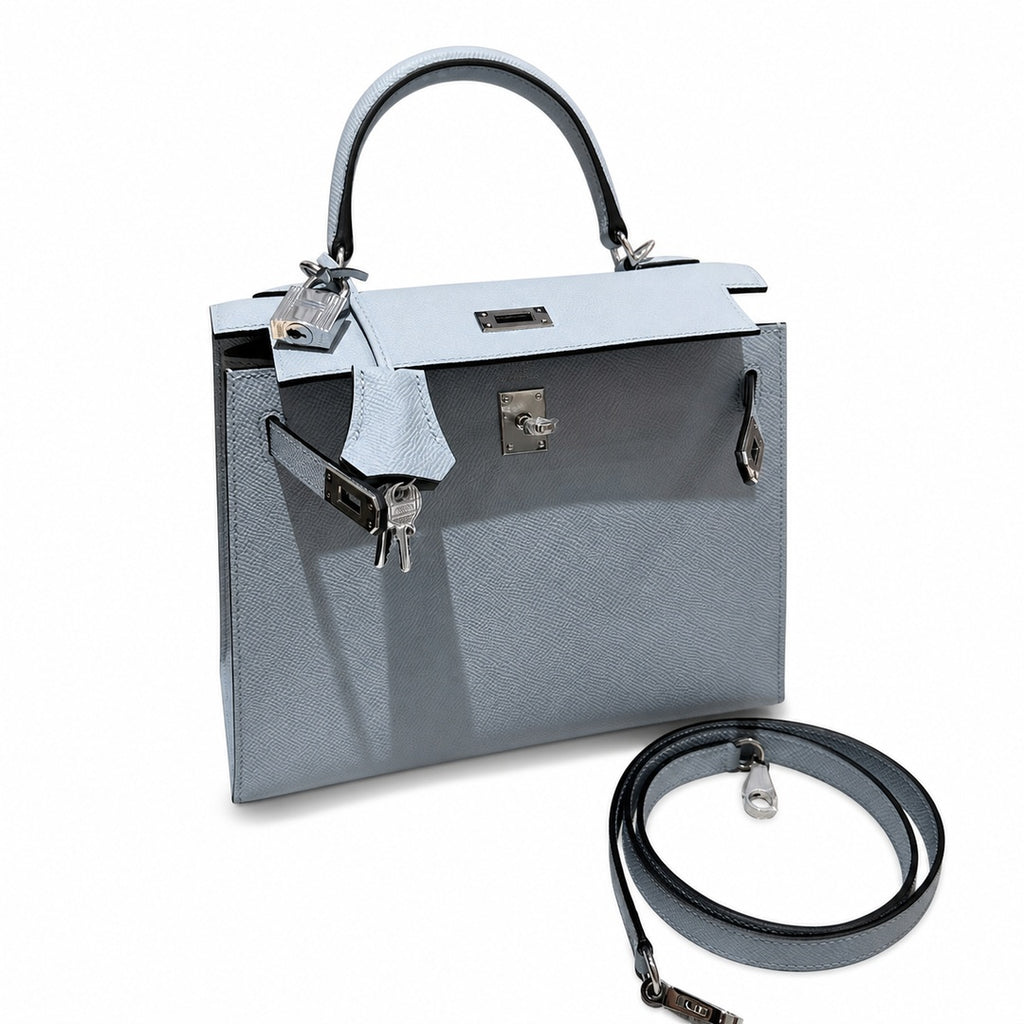 Kelly 25cm in Blue Epsom Leather with Silver Buckle Handmade — Refined Top-Handle Bag