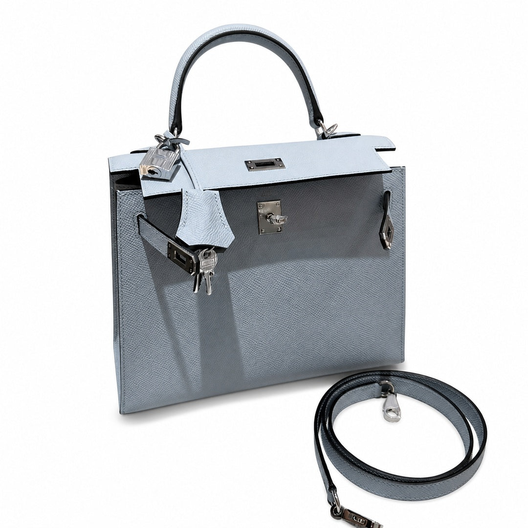 Kelly 25cm in Blue Epsom Leather with Silver Buckle Handmade — Refined Top-Handle Bag