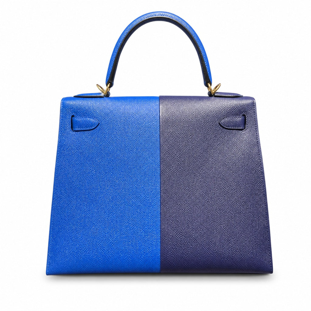 Kelly 28cm Epsom Leather 73 Bleu Saphir sapphire blue combined with 71 Bleu France French blue top handcraft — Refined Top-Handle Bag