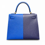 Kelly 28cm Epsom Leather 73 Bleu Saphir sapphire blue combined with 71 Bleu France French blue top handcraft — Refined Top-Handle Bag