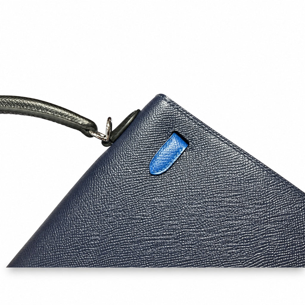 Kelly 25cm Epsom Leather 2Z Blue Nuit Midnight Blue with 89 Noir Black with 71 Bleu France French blue top handcraft — Structured Top-Handle Handbag