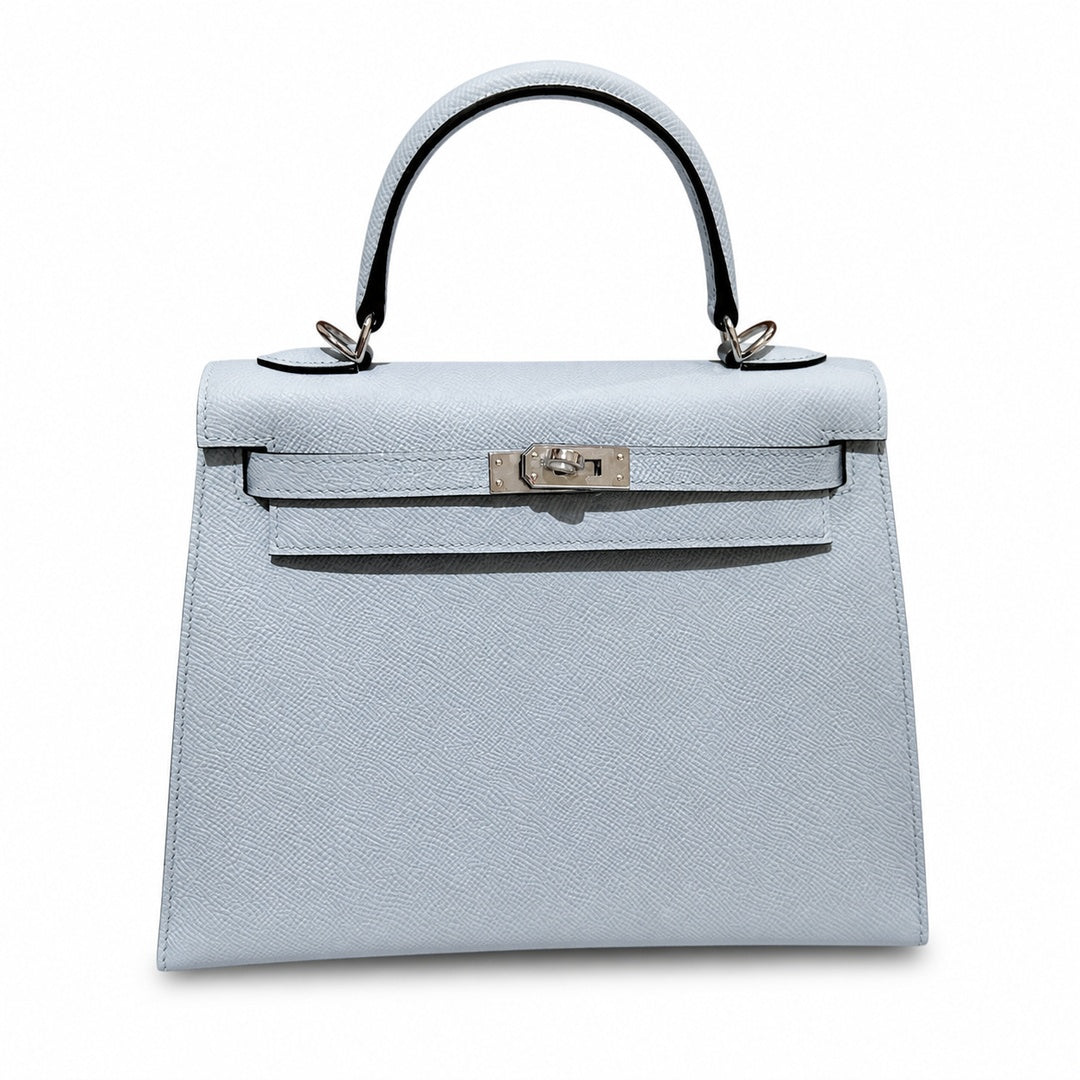Kelly 25cm in Blue Epsom Leather with Silver Buckle Handmade — Refined Top-Handle Bag