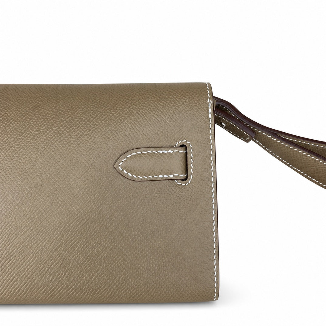 Kelly Depeches 25cm Epsom Leather, 18 Elephant Gray, Silver Buckle — Structured Hand-Carry Clutch