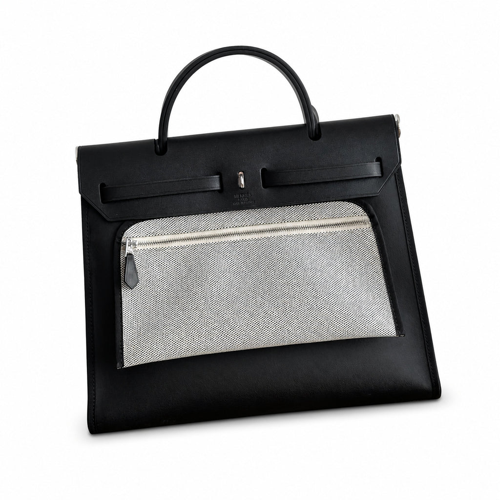 Herbag 31cm Saddle-Inspired Canvas Body with Leather Handle and Shoulder Strap — Elegant Leather-Accented Canvas Bag