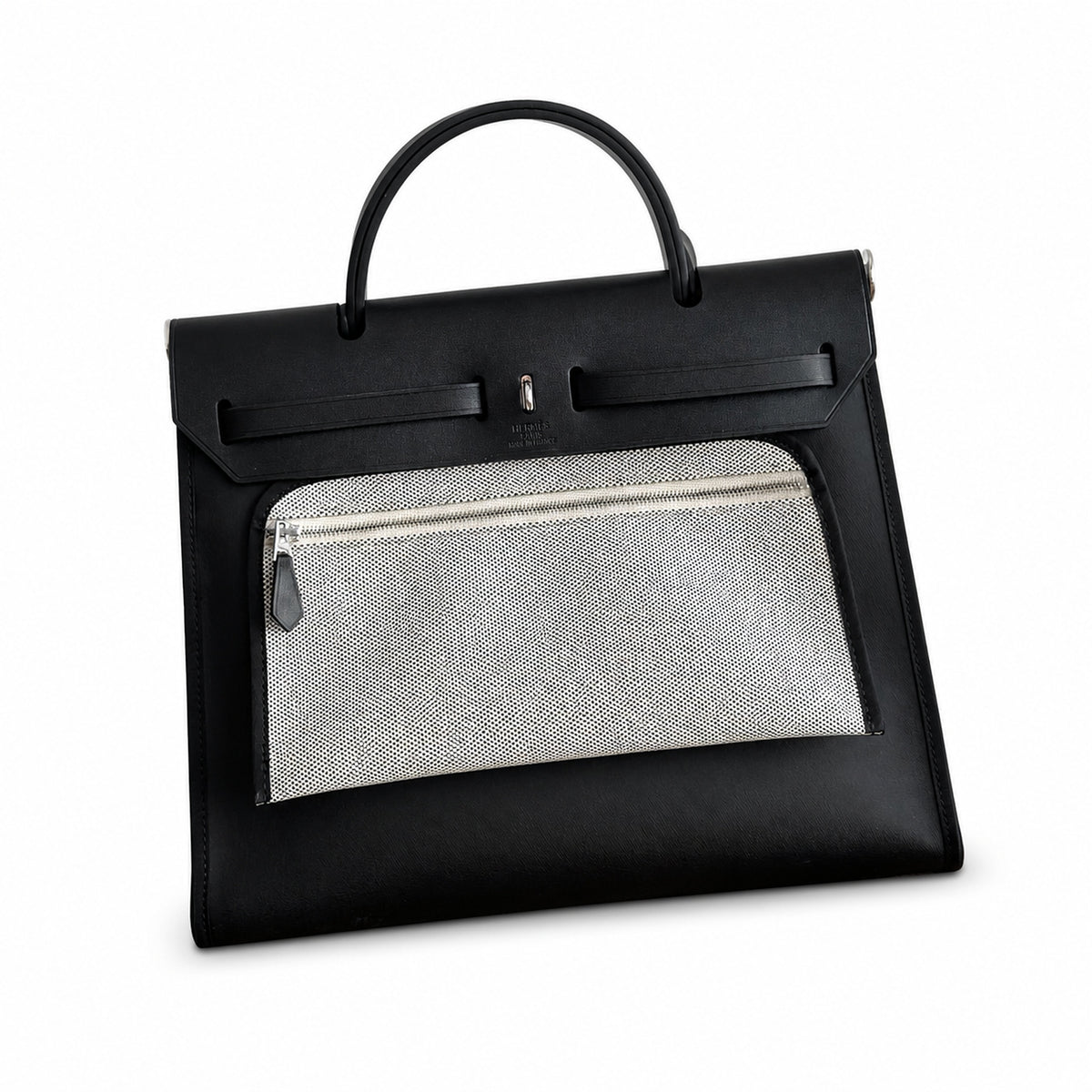 Herbag 31cm Saddle-Inspired Canvas Body with Leather Handle and Shoulder Strap — Elegant Leather-Accented Canvas Bag
