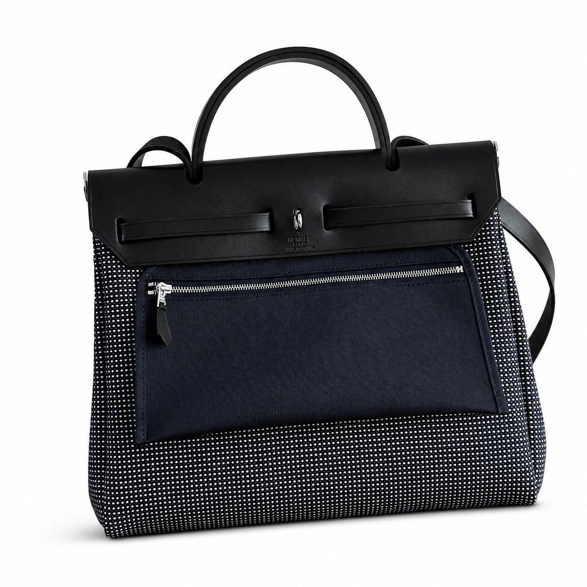 Herbag 31cm Saddle-Inspired Canvas Body with Leather Handle and Shoulder Strap — Structured Canvas Shoulder Bag with Leather Trim