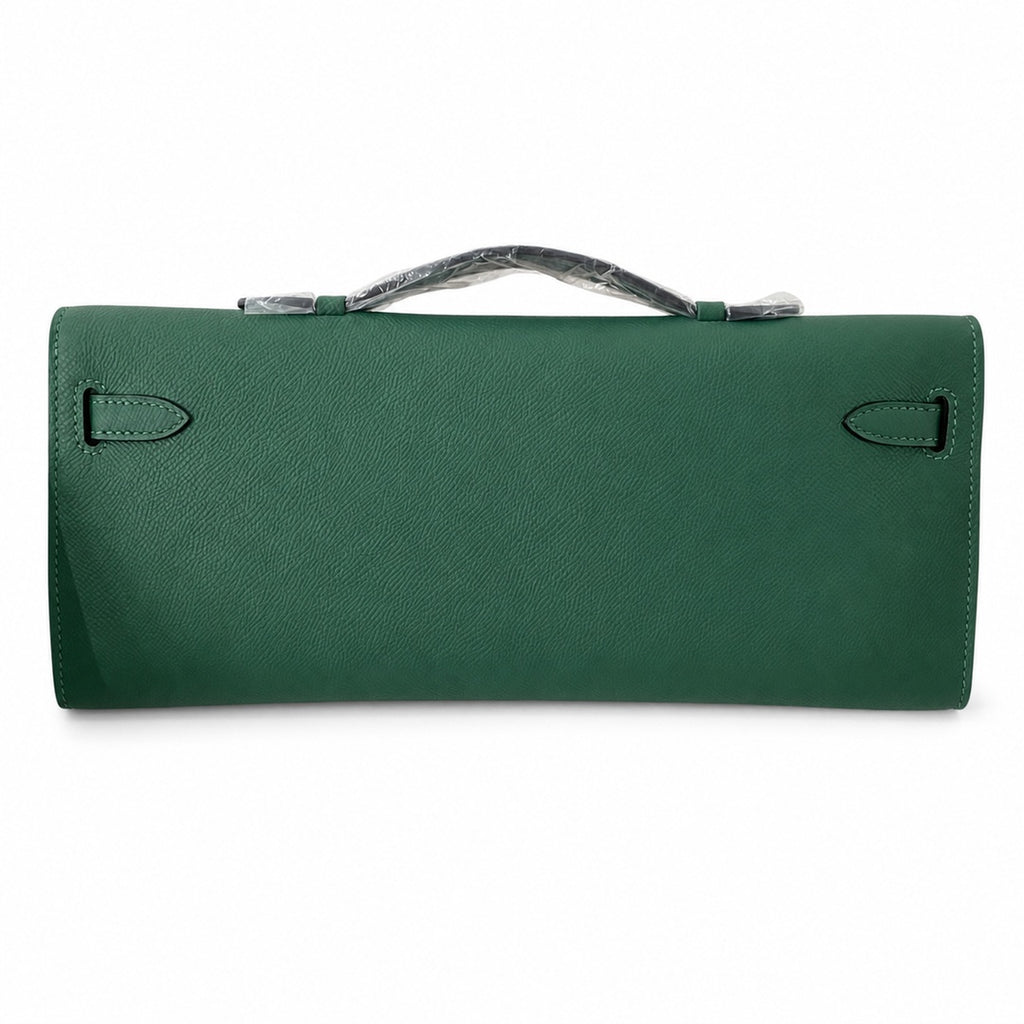 Kelly cut 31 clutch Epsom malachite green Silver Buckle — Sophisticated Evening Clutch