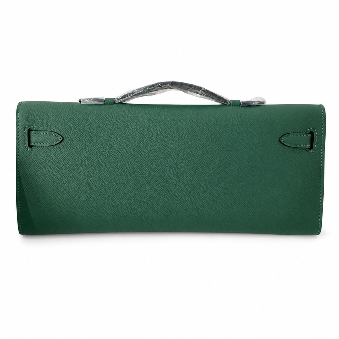 Kelly cut 31 clutch Epsom malachite green Silver Buckle — Sophisticated Evening Clutch