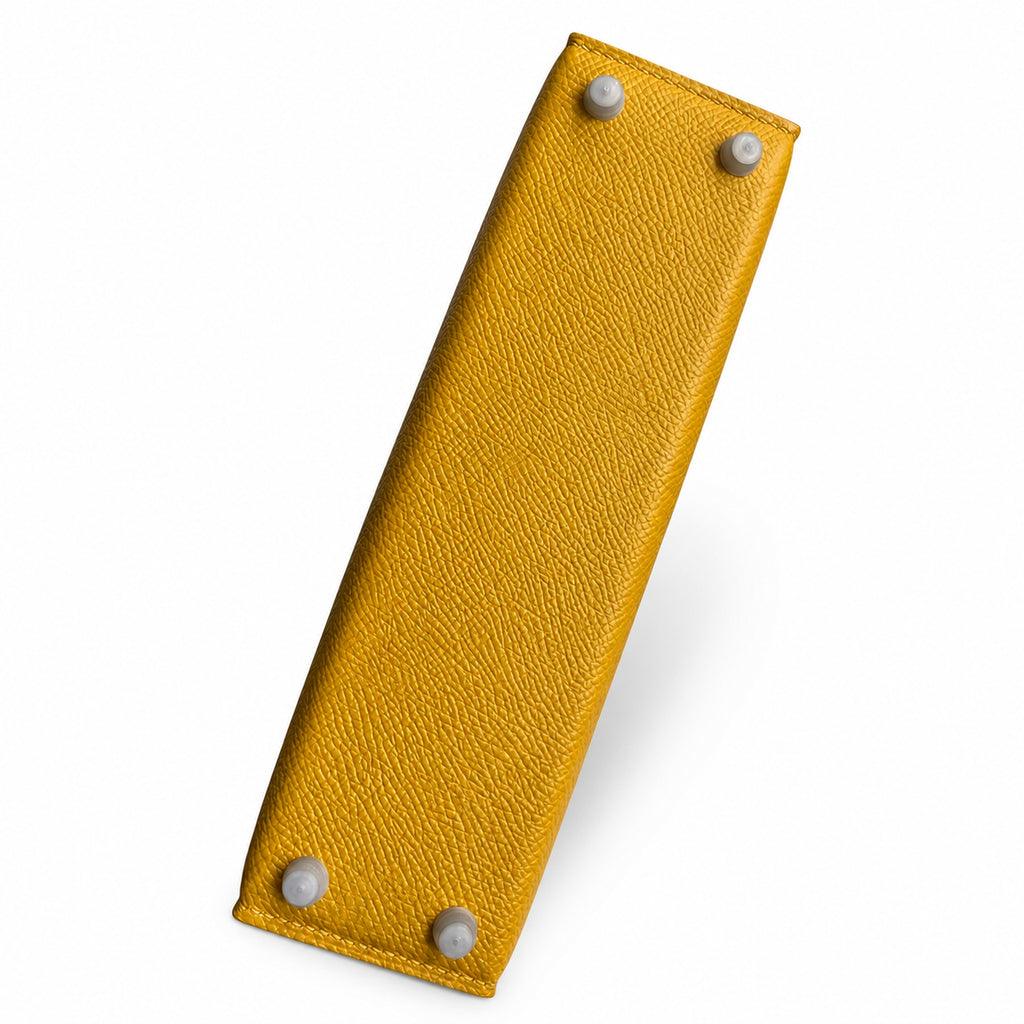 handmade Mini Kelly II 19cm imported Epsom Leather amber yellow Silver Buckle — Elegant Compact Carry Style
