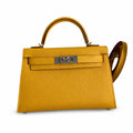 handmade Mini Kelly II 19cm imported Epsom Leather amber yellow Silver Buckle — Elegant Compact Carry Style