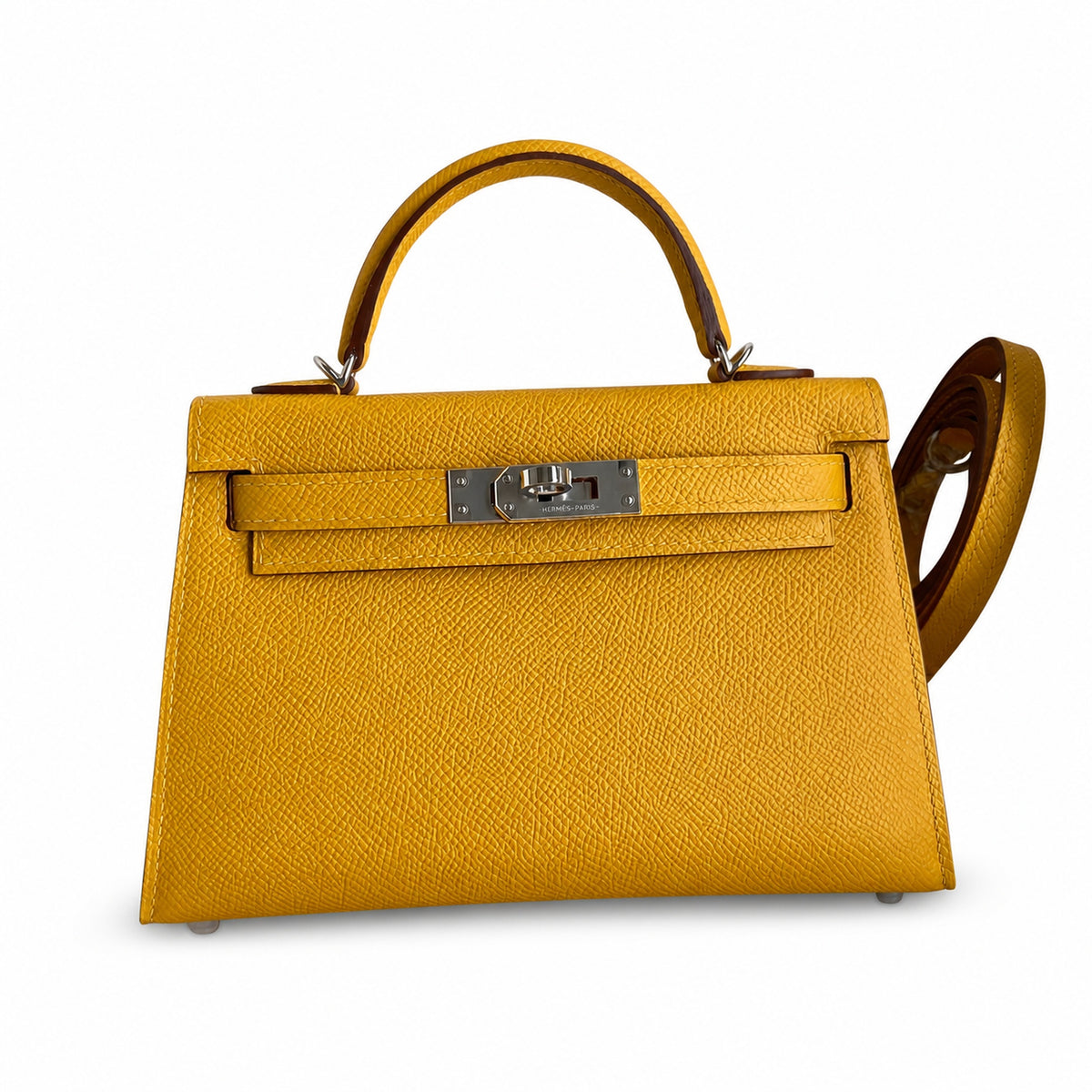 handmade Mini Kelly II 19cm imported Epsom Leather amber yellow Silver Buckle — Elegant Compact Carry Style