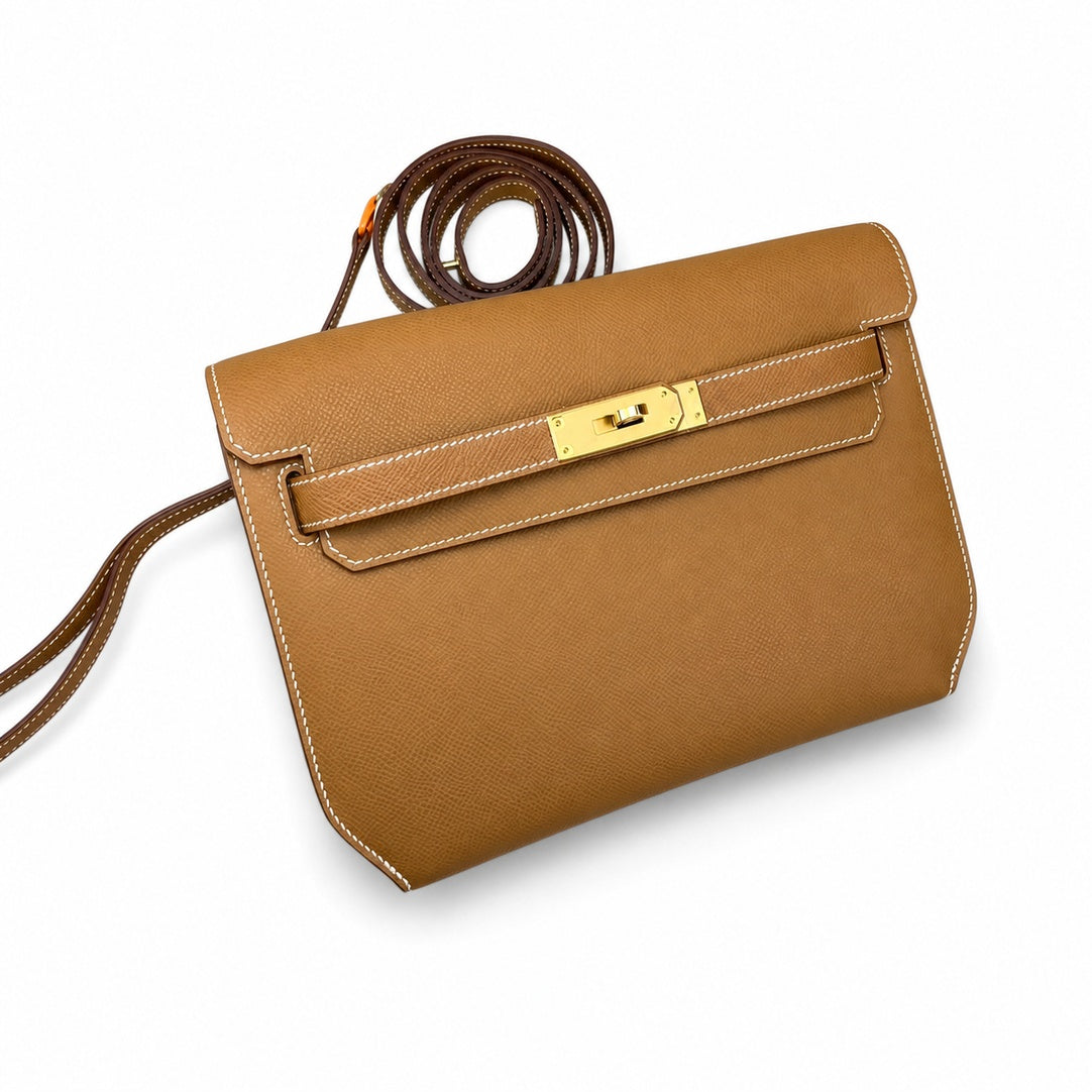 Kelly Depeches 25cm Epsom Leather, 37 Gold Brown, Gold Buckle — Sophisticated Compact Carry
