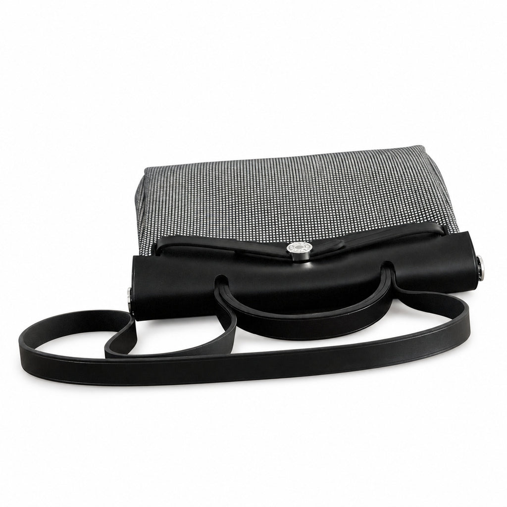 Herbag 31cm Saddle-Inspired Canvas Body with Leather Handle and Shoulder Strap — Structured Canvas Shoulder Bag with Leather Trim