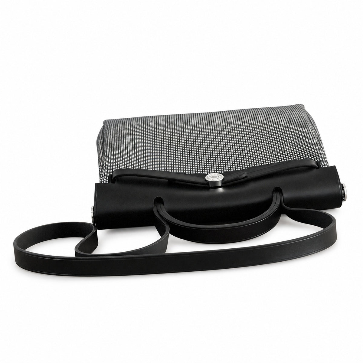 Herbag 31cm Saddle-Inspired Canvas Body with Leather Handle and Shoulder Strap — Structured Canvas Shoulder Bag with Leather Trim