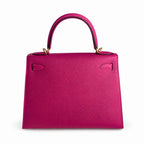 Kelly 28 L3 Rose Purple Epsom Gold Buckle, handmade with wax thread — Streamlined Top-Handle Handbag