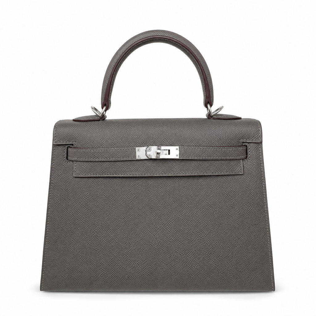 Kelly 25 pewter gray Epsom Silver Buckle fully handmade with wax thread — Sophisticated Carry Design