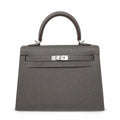 Kelly 25 pewter gray Epsom Silver Buckle fully handmade with wax thread — Sophisticated Carry Design
