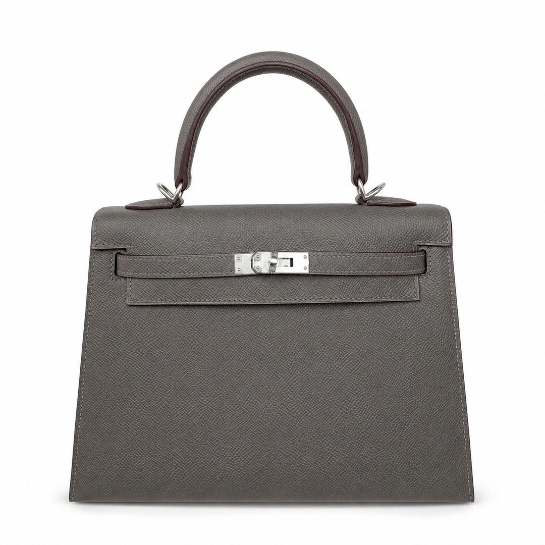 Kelly 25 pewter gray Epsom Silver Buckle fully handmade with wax thread — Sophisticated Carry Design