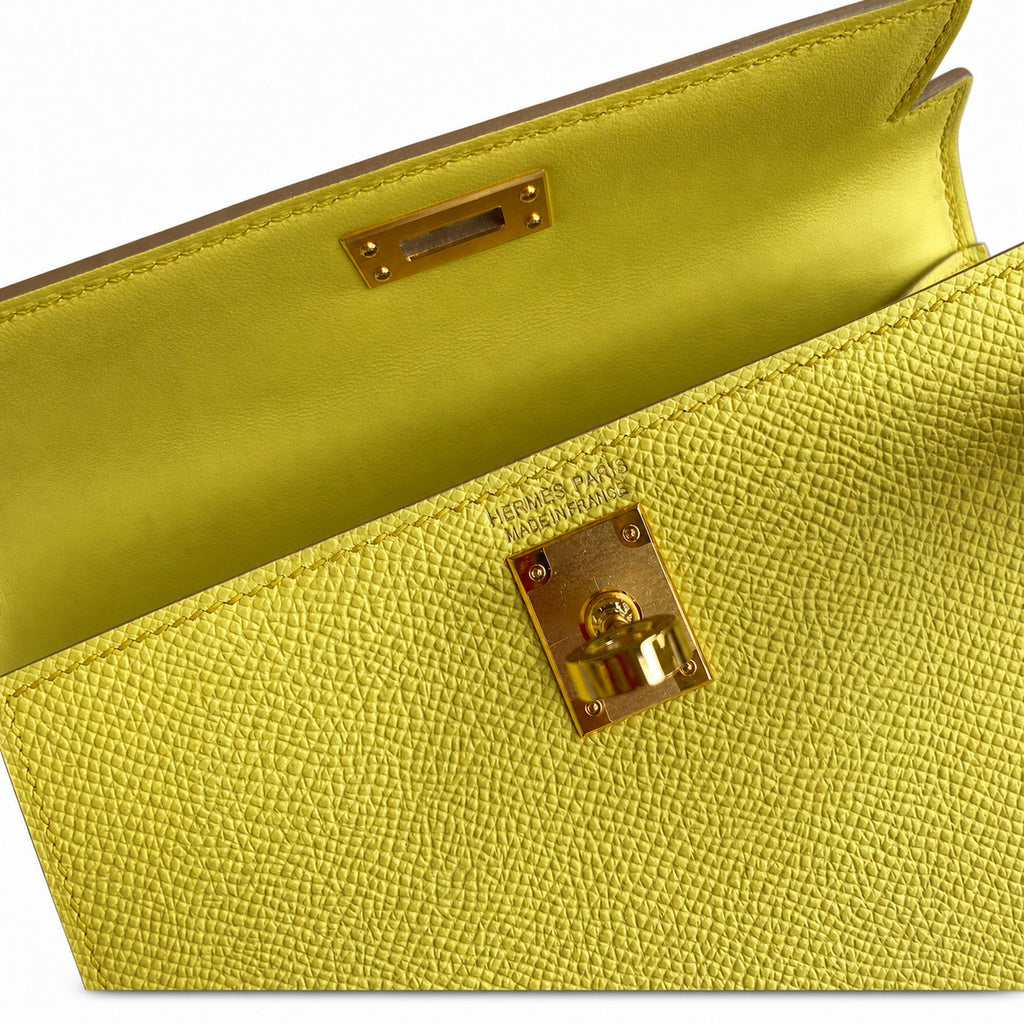 handmade Mini Kelly II 19cm imported Epsom Leather lemon yellow Gold Buckle — Elegant Compact Carry Style