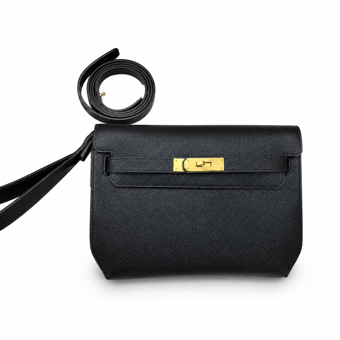 Kelly Depeches 25cm Epsom Leather 89 Black Gold Buckle — Streamlined Clutch Bag