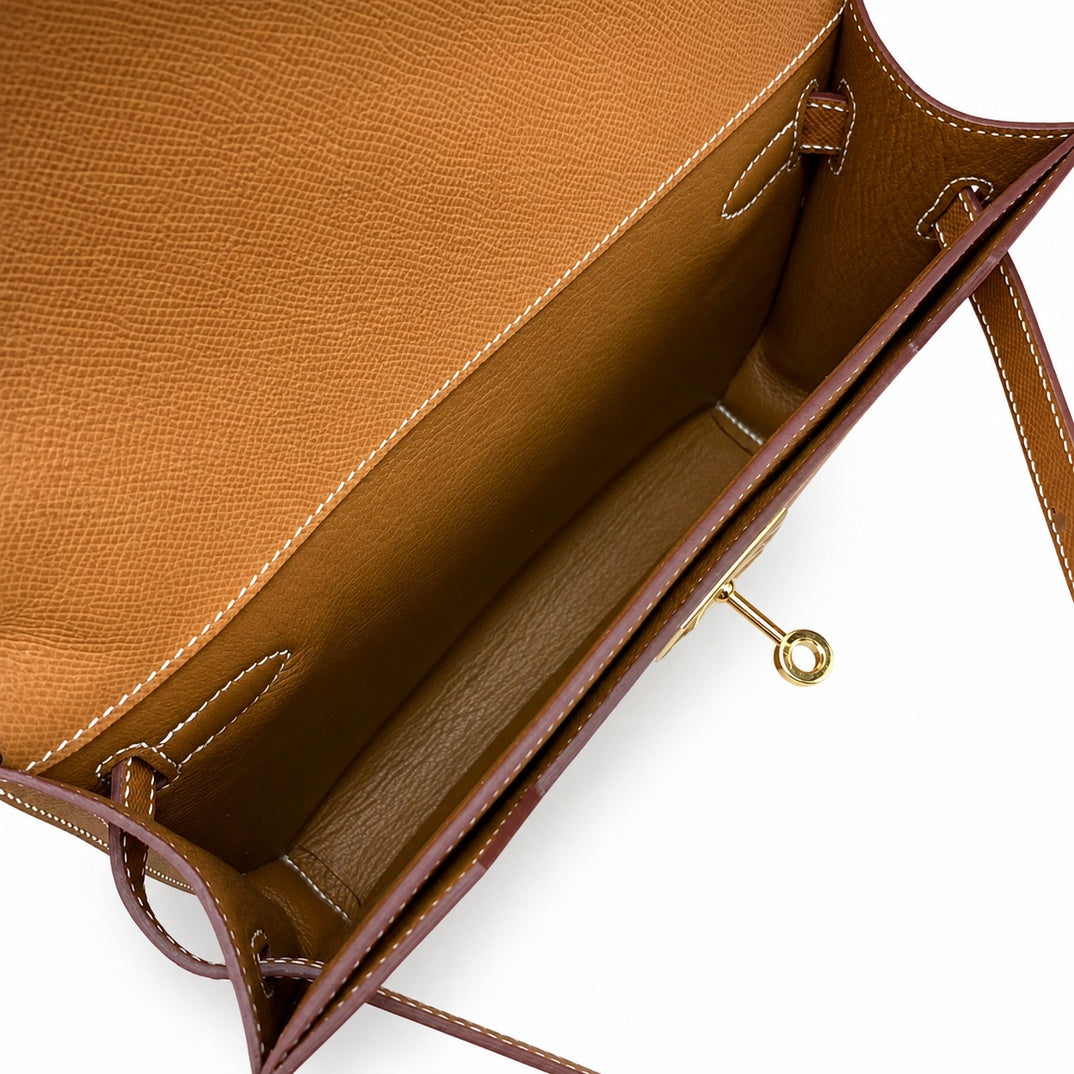 Kelly Depeches 25cm Epsom Leather, 37 Gold Brown, Gold Buckle — Sophisticated Compact Carry