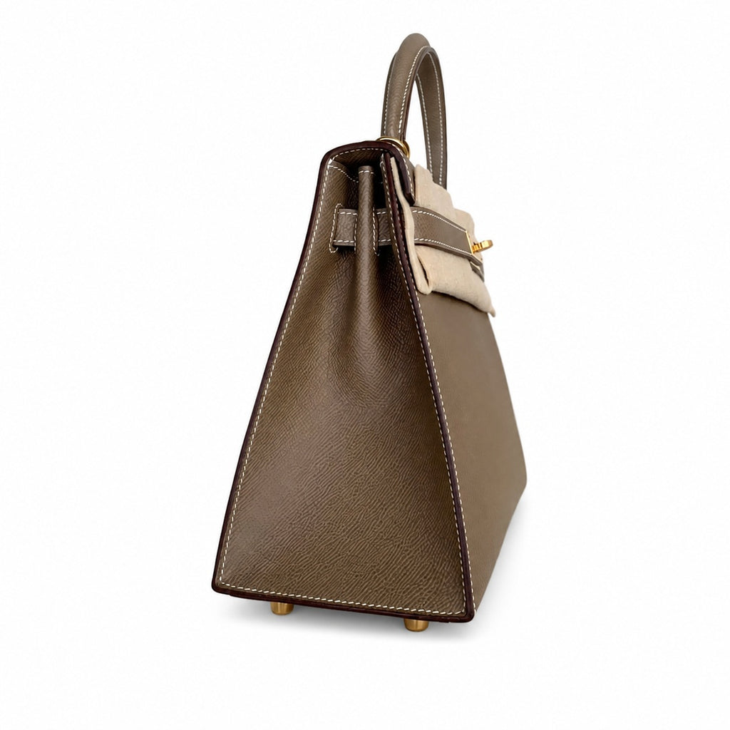 Kelly 28cm Gold Buckle (Gold) Epsom 18 Elephant Gray Etoupe handmade — Classic Hand-Carry Silhouette
