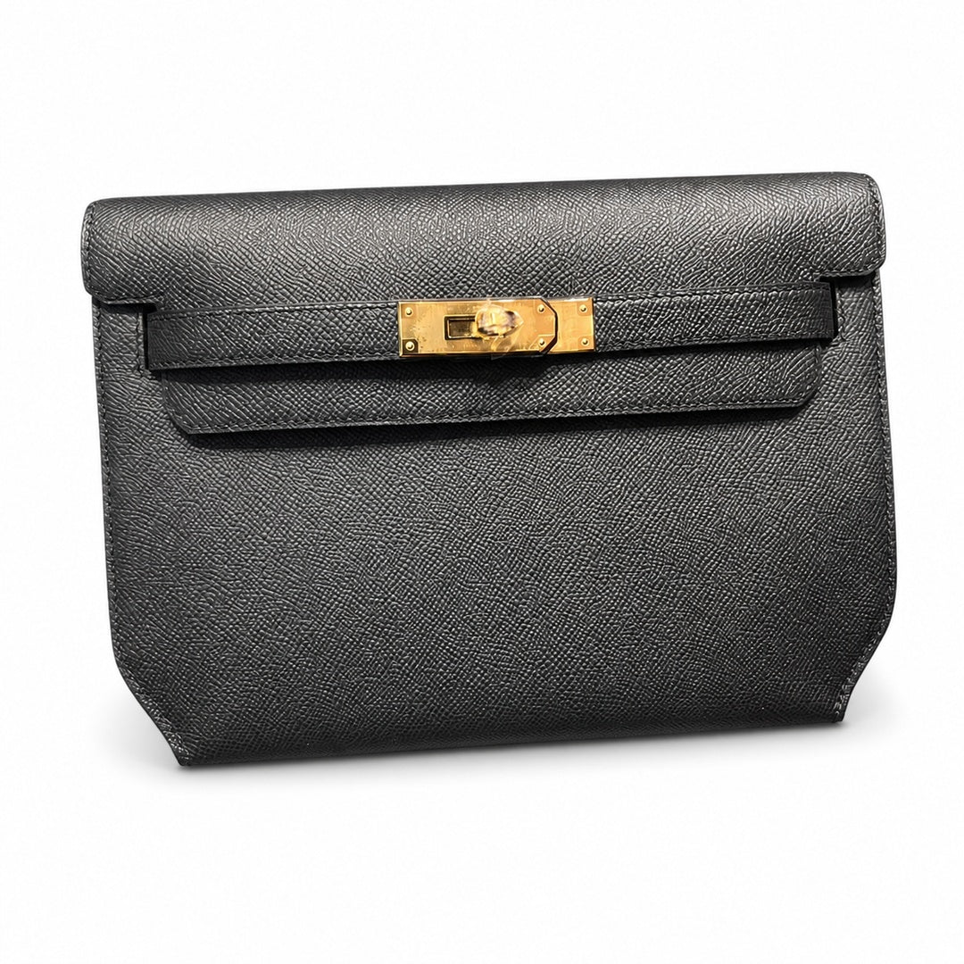 Kelly Depeches 25cm Epsom Leather 89 Noir Black top handcrafted — Versatile Hand-Carry Clutch